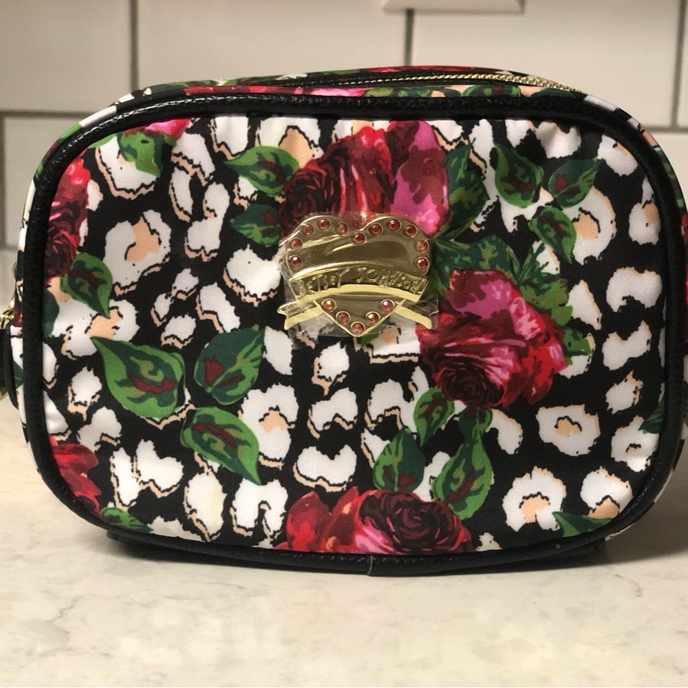 Betsey Johnson Cosmetic Bag Makeup Large Floral Roses Cheetah Leopard
